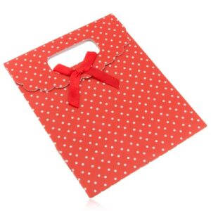 Červená darčeková taštička z papiera s bielymi bodkami