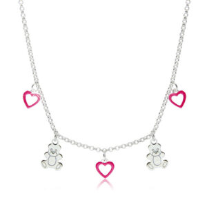 Detský strieborný 925 náhrdelník - kontúry srdiečok s ružovou glazúrou a lesklé medvedíky