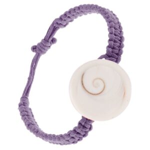 Fialový pletený šnúrkový náramok s kruhovou lastúrou