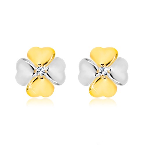 Briliantové náušnice z kombinovaného 14K zlata - symbol šťastia s diamantom