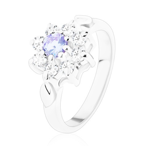 Jagavý prsteň so zirkónovým kvietkom vo svetlofialovej a čírej farbe