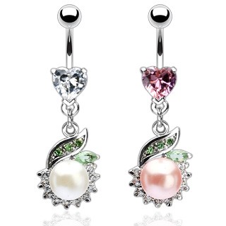 Luxusný piercing brucha perla so zeleným lístkom - Farba zirkónu: Ružová - P