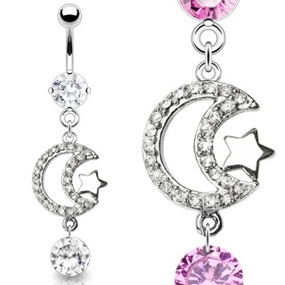 Luxusný piercing brucha zirkónový mesiac a lesklá hviezda - Farba zirkónu: Ružová - P