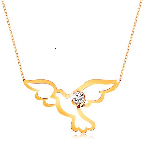 Náhrdelník v žltom 9K zlate - lesklý symbol holubice s čírym zirkónikom