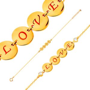 Náramok v žltom 14K zlate - štyri lesklé kruhy s nápisom LOVE