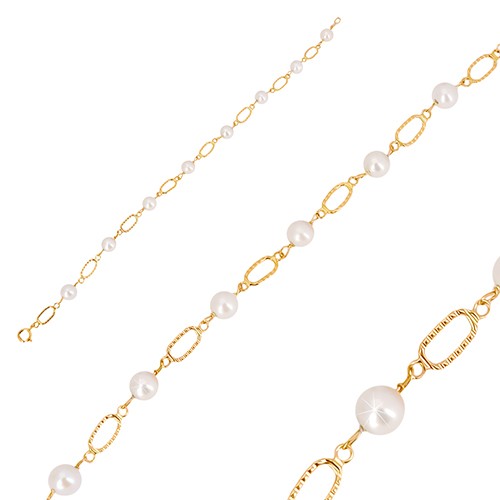 Náramok v žltom zlate 585 - biele guľaté perly