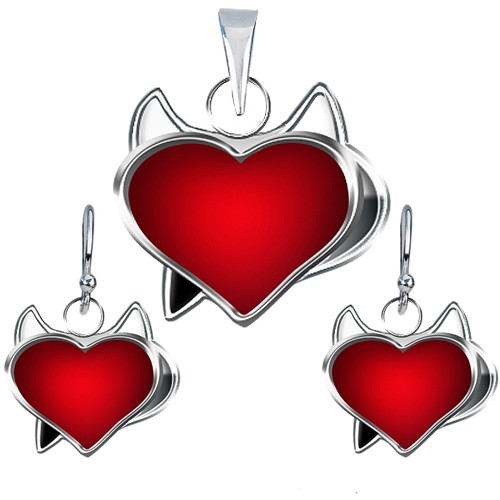 Set náušníc a prívesku zo striebra 925 - červené srdce čertík