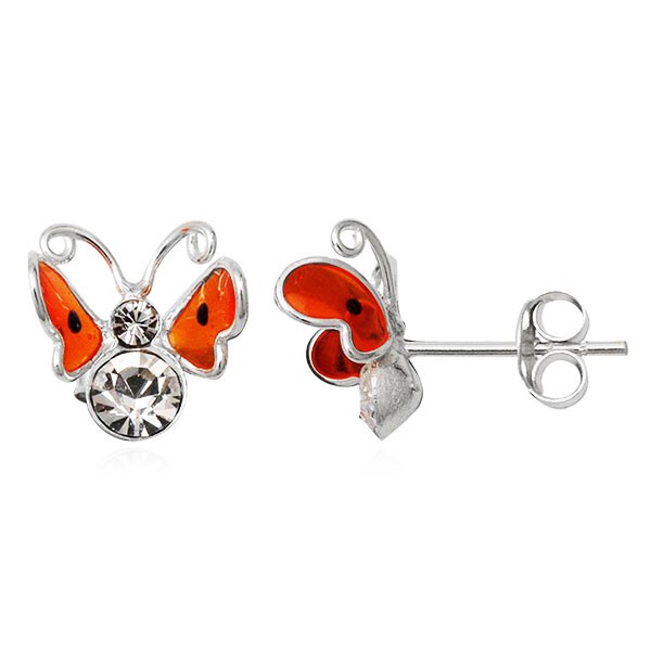 Strieborné náušnice 925 - 3D oranžový motýľ