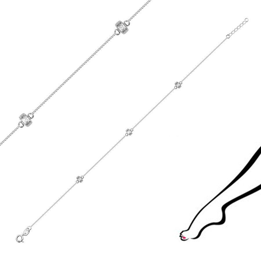 Strieborný náramok na nohu 925 - kolieska s bodkovanými zárezmi ohraničené guličkami