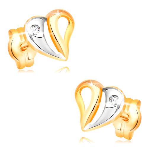 Briliantové náušnice v žltom a bielom 14K zlate - srdce s výrezmi a diamantom