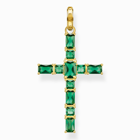 THOMAS SABO prívesok Cross with green stones gold PE939-472-6