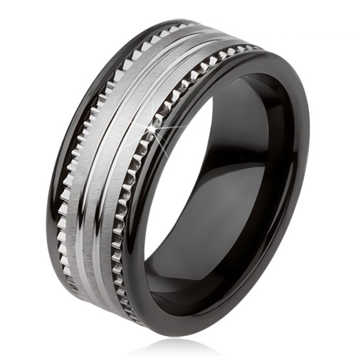Tungstenová keramická čierna obrúčka s povrchom striebornej farby a prúžkami - Veľkosť: 67 mm